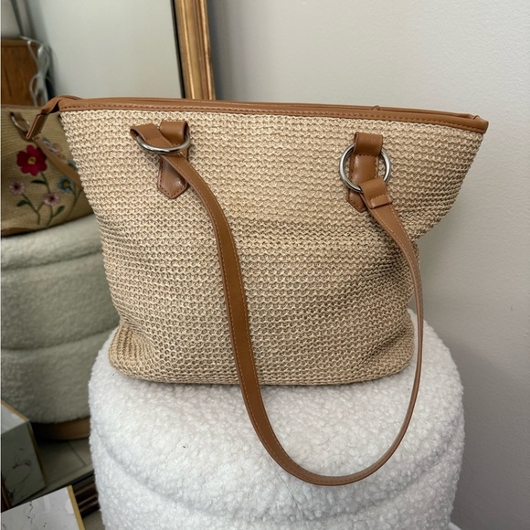 Floral Embroidered woman’s Tan woven Tote Bag - Picture 4 of 16